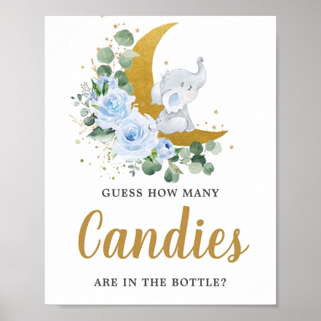 Poster Blue Floral Vert Eléphant Combien de bonbons (Devant)