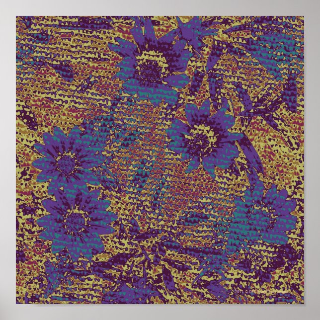 Poster Blue flowers against leaf camouflage (Devant)