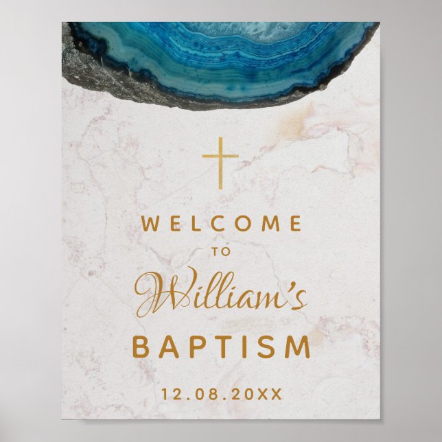 Poster Blue Geode Boy Baptême Marbre Gold Cross Bienvenue (Devant)