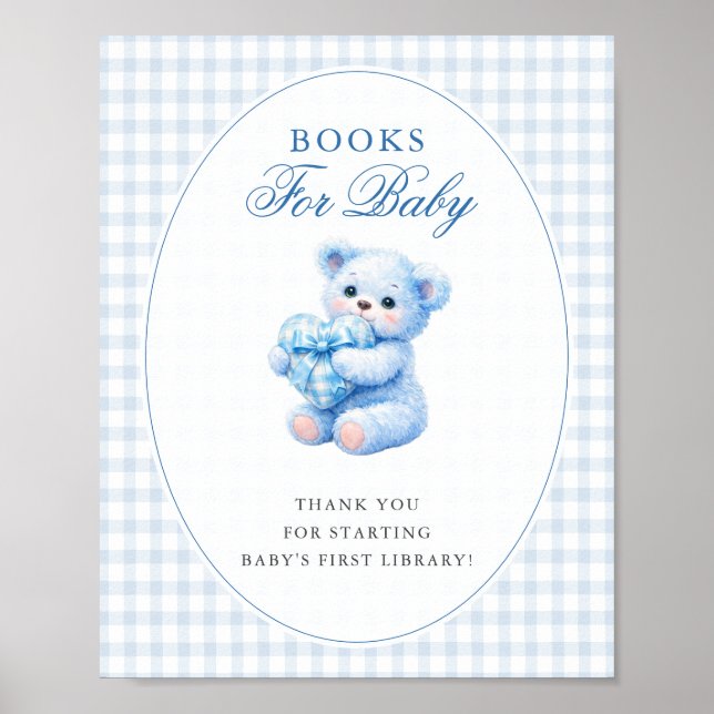 Poster Blue Gingham Bow Heart Teddy Bear Baby Shower (Devant)