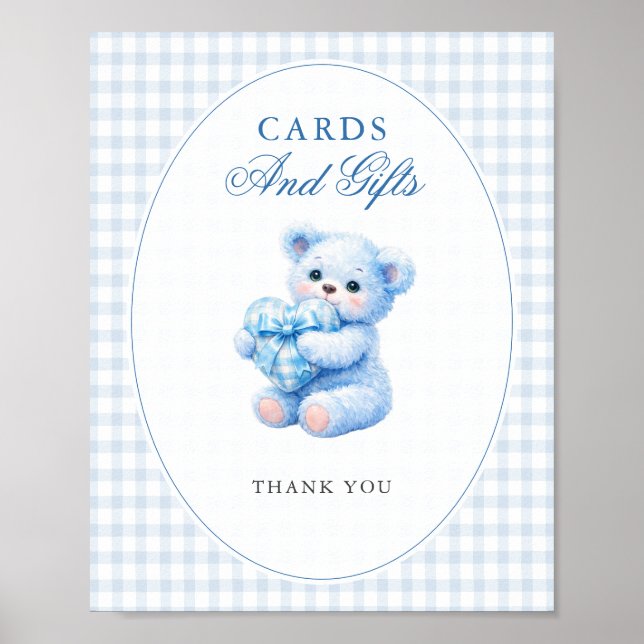Poster Blue Gingham Bow Heart Teddy Bear Baby Shower (Devant)