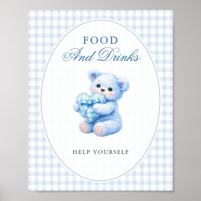 Poster Blue Gingham Bow Heart Teddy Bear Baby Shower (Devant)