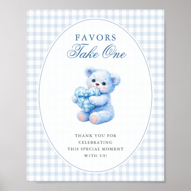 Poster Blue Gingham Bow Heart Teddy Bear Baby Shower (Devant)