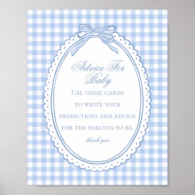 Poster Blue Gingham Coquette Bow Advice for Baby Shower (Devant)