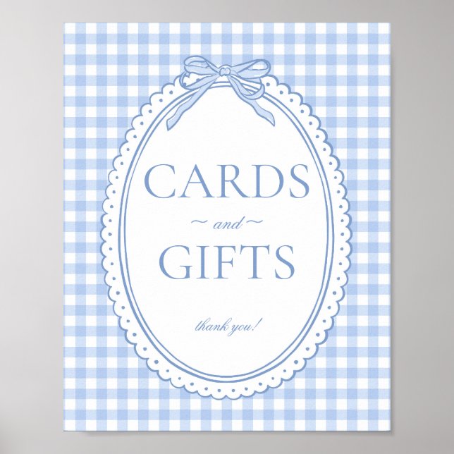 Poster Blue Gingham Coquette Bow Card & Gifts Sign (Devant)