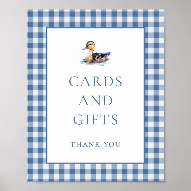 Poster Blue Gingham Duck Cards Gifts Baby Shower Sign (Devant)