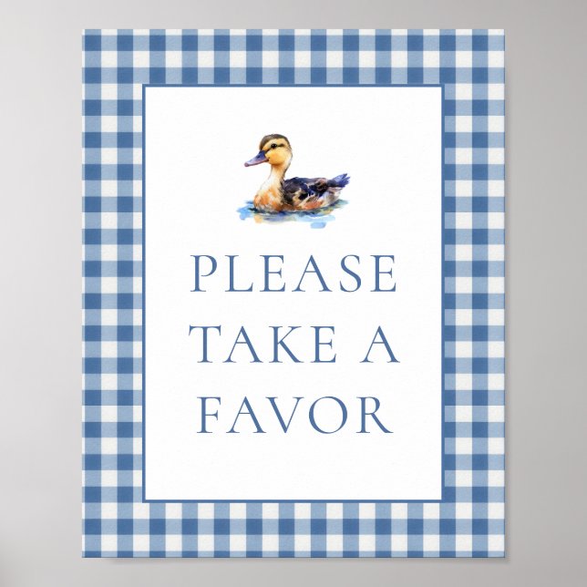 Poster Blue Gingham Duck Favor Baby Shower Sign (Devant)