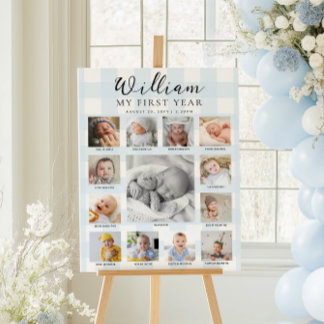 Poster Blue Gingham First Birthday Photo Timeline