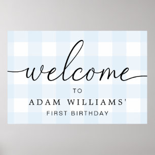 Poster Blue Gingham First Birthday Welcome Sign