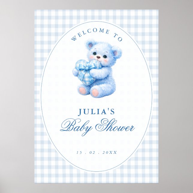 Poster Blue Gingham Teddy Bear Neutral Baby Shower (Devant)