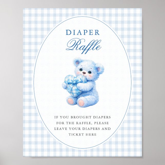 POSTER BLUE GINGHAM TEDDY BEAR NEUTRAL BABY SHOWER (Devant)