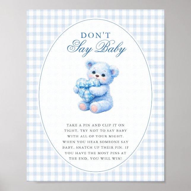 Poster Blue Gingham Teddy Bear Neutral Baby Shower (Devant)