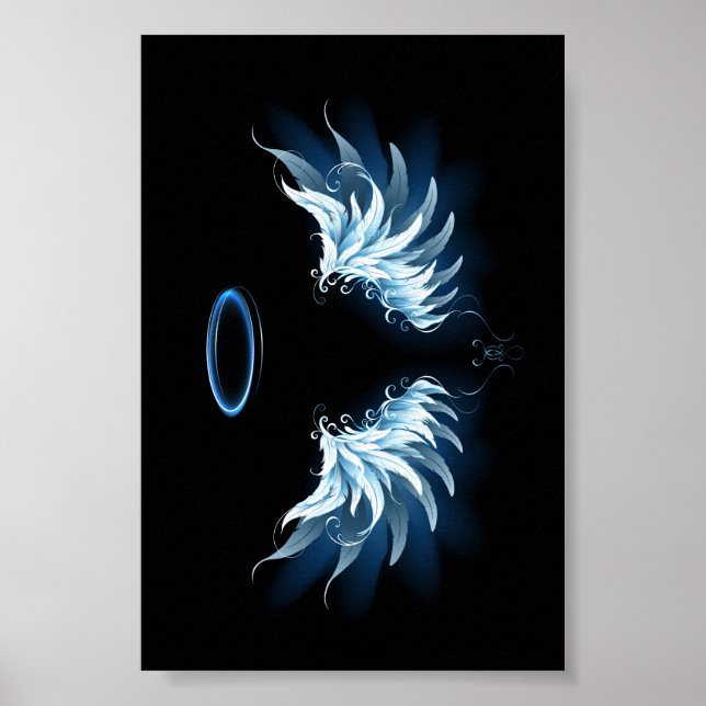 Poster Blue Glowing Angel Wings on black background (Devant)