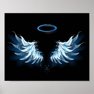 Poster Blue Glowing Angel Wings on black background