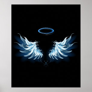 Poster Blue Glowing Angel Wings on black background