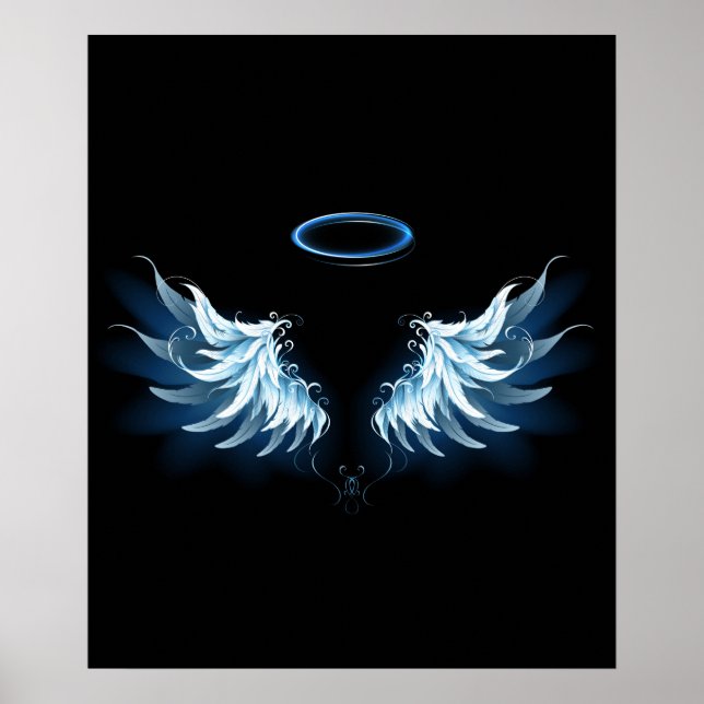 Poster Blue Glowing Angel Wings on black background (Devant)