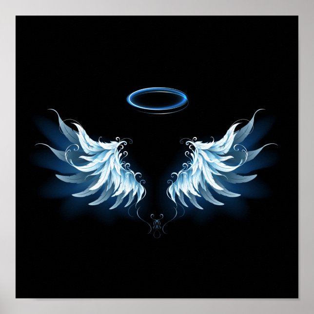 Poster Blue Glowing Angel Wings on black background (Devant)