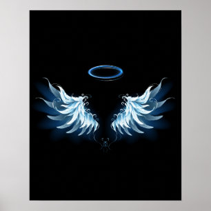Poster Blue Glowing Angel Wings on black background