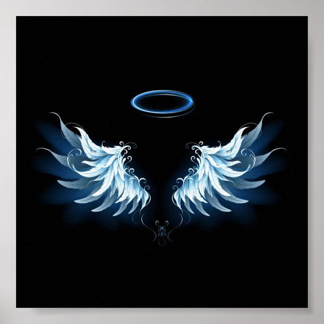 Poster Blue Glowing Angel Wings on black background (Devant)