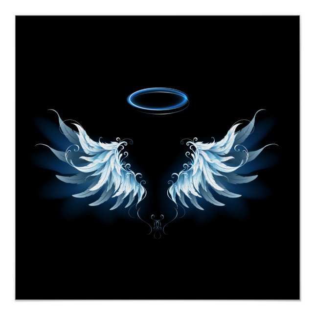 Poster Blue Glowing Angel Wings on black background (Devant)