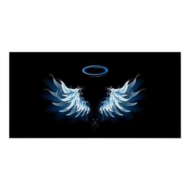 Poster Blue Glowing Angel Wings on black background (Devant)