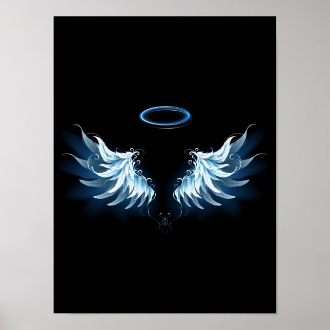 Poster Blue Glowing Angel Wings on black background (Devant)