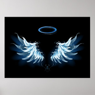 Poster Blue Glowing Angel Wings on black background