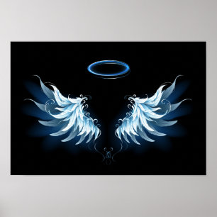 Poster Blue Glowing Angel Wings on black background