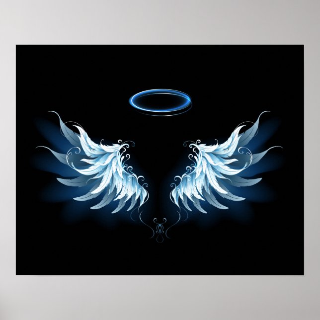 Poster Blue Glowing Angel Wings on black background (Devant)
