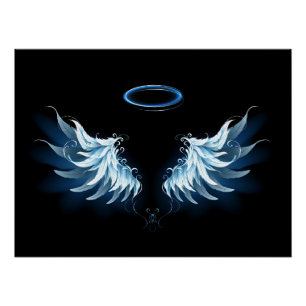 Poster Blue Glowing Angel Wings on black background