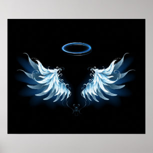 Poster Blue Glowing Angel Wings on black background