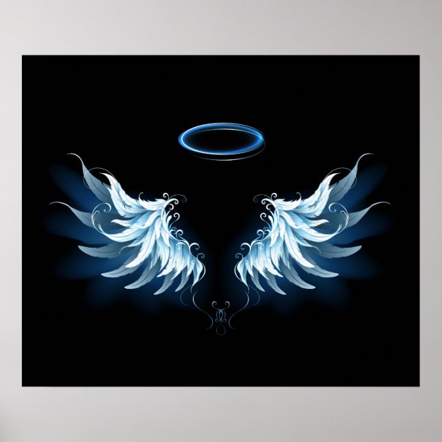 Poster Blue Glowing Angel Wings on black background (Devant)