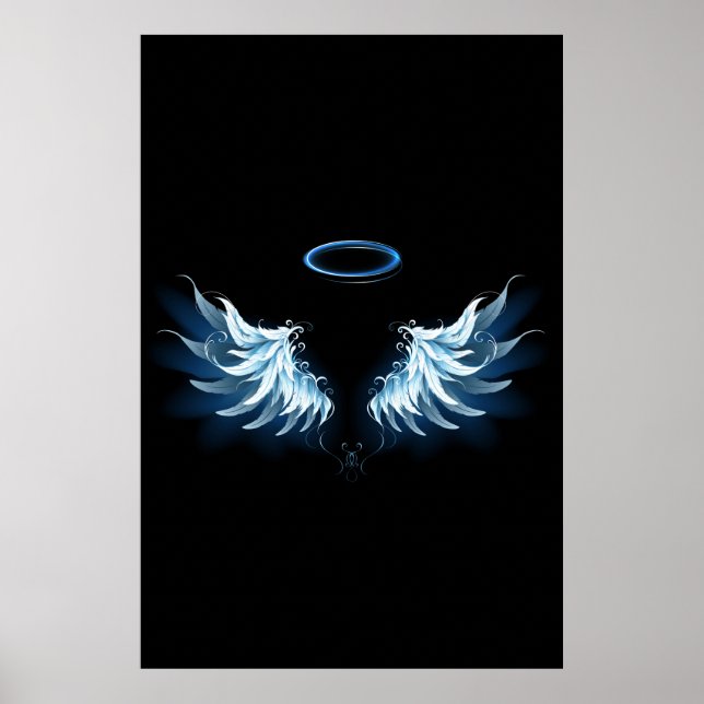 Poster Blue Glowing Angel Wings on black background (Devant)