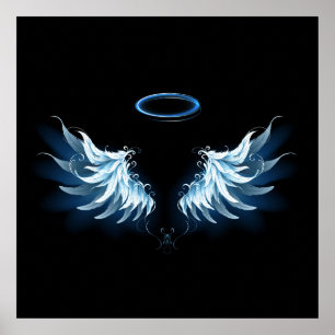 Poster Blue Glowing Angel Wings on black background