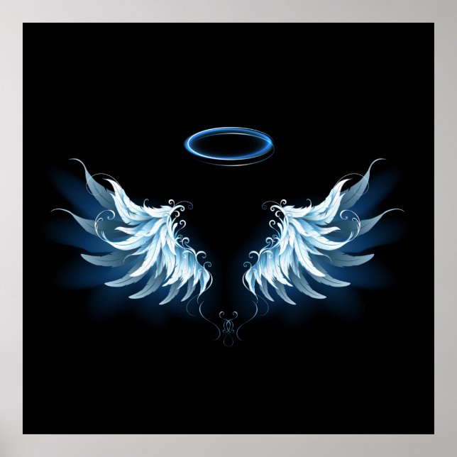 Poster Blue Glowing Angel Wings on black background (Devant)