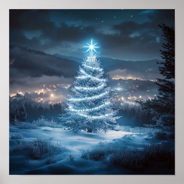 Poster Blue Glowing Winter Night Christmas Tree (Devant)
