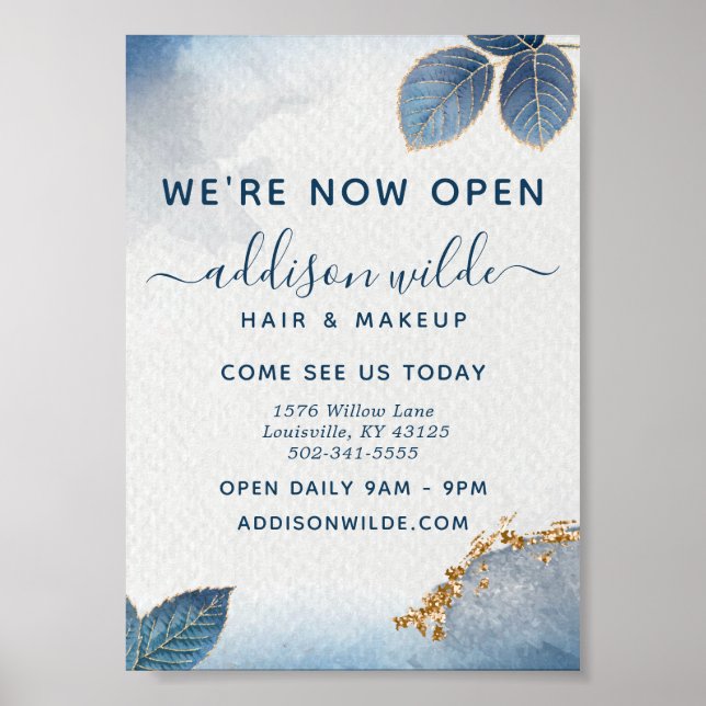 Poster Blue Gold Aquarelle Botanique Feuille Business (Devant)