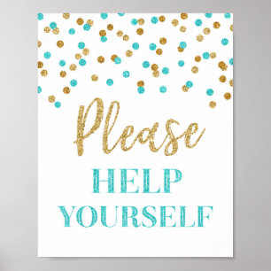 Poster Blue Gold Confetti Please Help Yourself Sign