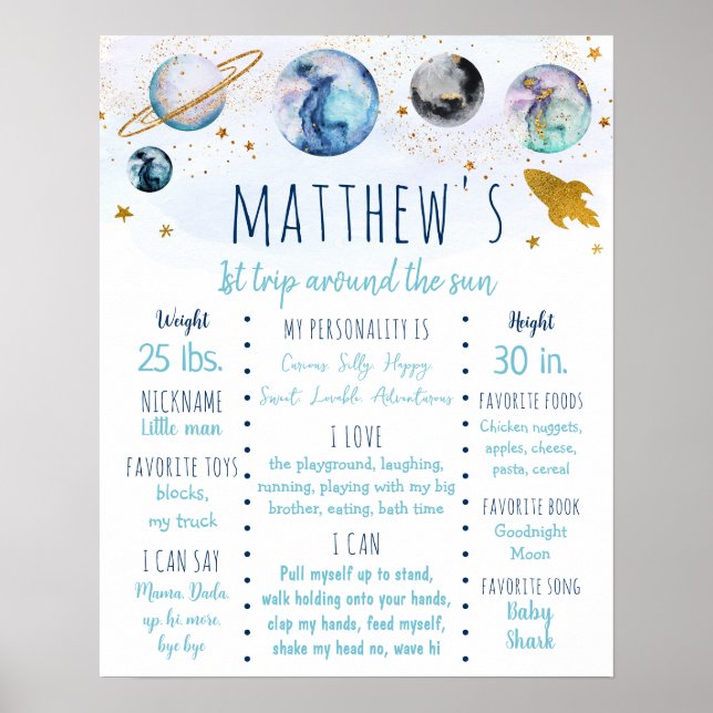 Poster Blue Gold Galaxy Espace Premier anniversaire Jalon (Devant)