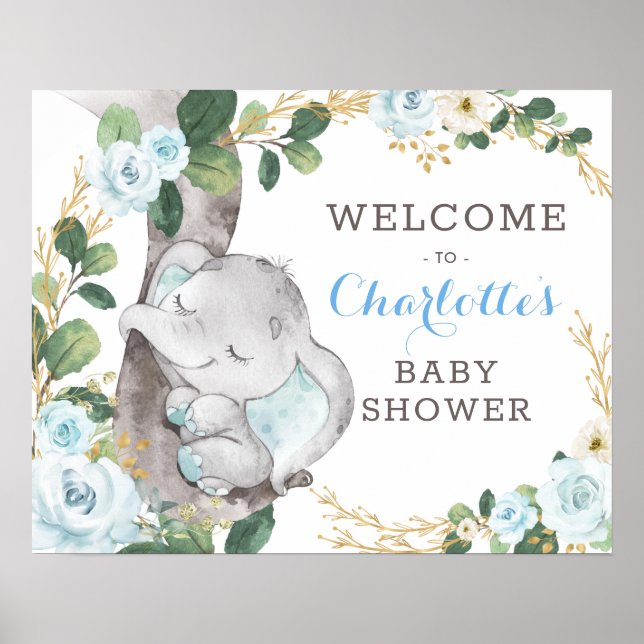 Poster Blue Gold Green Elephant Wild One Baby Welcome (Devant)