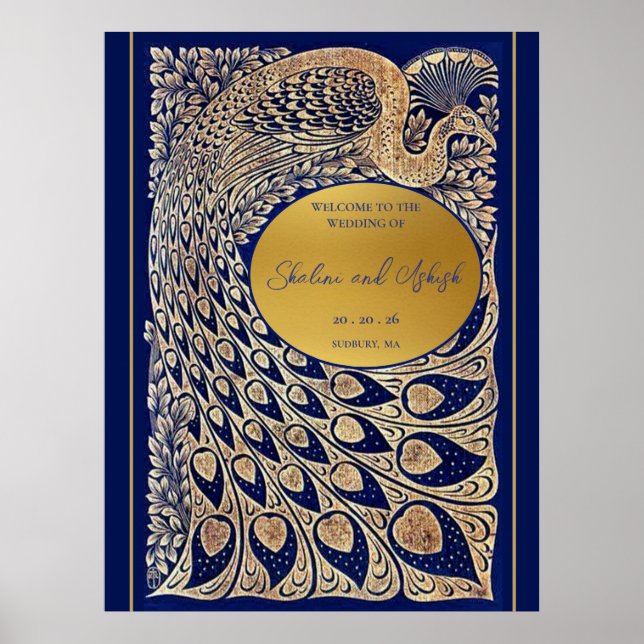 Poster Blue Gold Peacock Art Nouveau Mariage Bienvenue (Devant)