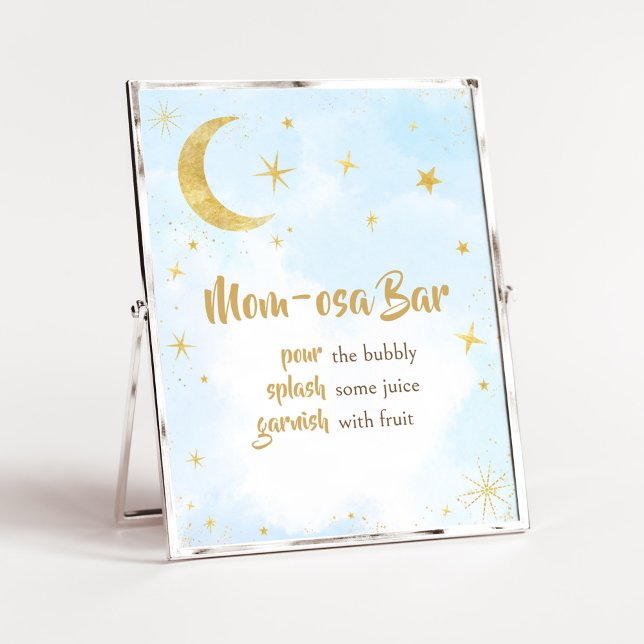 Poster Blue Gold sur le Baby shower Lune Maman Osa Bar (Moon and Stars Baby Shower Mom Osa Bar Sign)