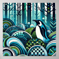 Blue Green Lovey Penguin Forêt extérieure Abstrait