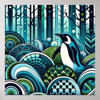 Poster Blue Green Lovey Penguin Forêt extérieure Abstrait