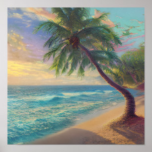 Poster Blue Green Red Orange Beach Palmier Tree Sunset