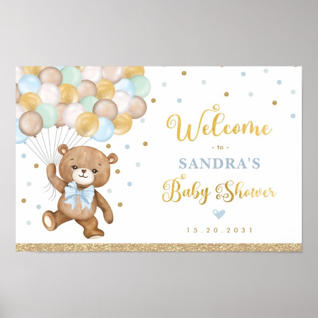 Poster Blue Green Teddy Bear Balloon Welcome Baby Boy (Devant)