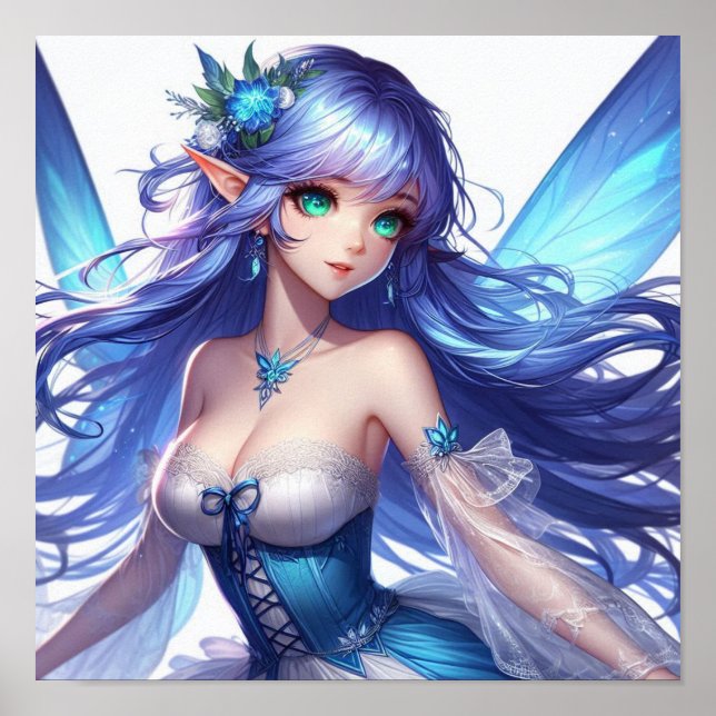 Poster Blue-Haired Tropical Fairy with Emerald Eyes (Devant)