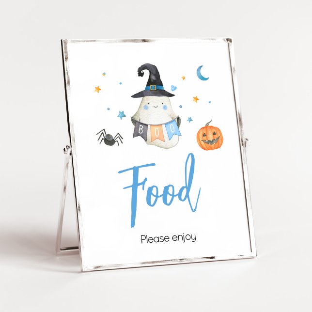 Poster Blue Halloween Ghost Little Boo Baby shower Nourri (Little Boo Baby Shower Food Sign)