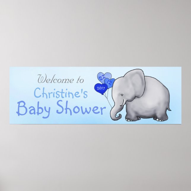 Poster Blue Heart Balloons Elephant Boy Baby shower (Devant)