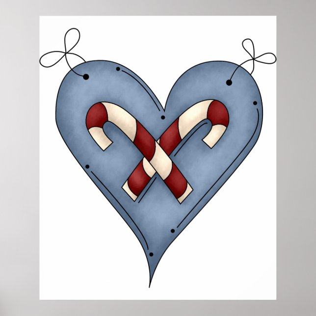 Poster Blue Heart with Candy Canes Country Christmas (Devant)